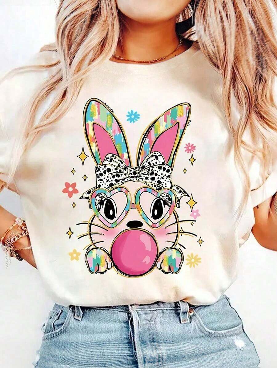 Kawaii Rabbit T-Shirt For Women, Ullzang T-Shirt, Funny Easter Print T-Shirt, Cute Cartoon T-Shirt, Casual Women's T-Shirt, Colorful Design T-Shirt For Girls, Summer Graphic Tees - 米色 - 查看 1