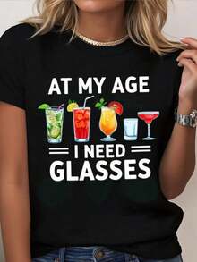 Funny Cocktail Print T-Shirt "I'm This Age And I Still Wear Glasses" - Black Short-Sleeved Crew Neck T-Shirt, Loose Fit, With Martini And Manhattan Cocktail Designs, Breathable And Casual For Summer, Suitable For Parties, Travel And Everyday Wear (For Over 40s) Women's T-Shirts - 黑色 - 查看 7