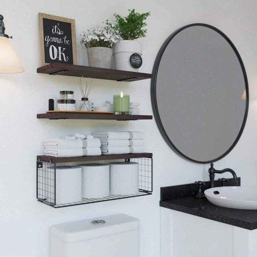 Bathroom Shelves Over Toilet - Wall Mounted Floating Shelves Toilet Paper Storage Small Farmhouse Decor Shelf 16 Inch Set Of 3, Brown. - 棕色 - 查看 1