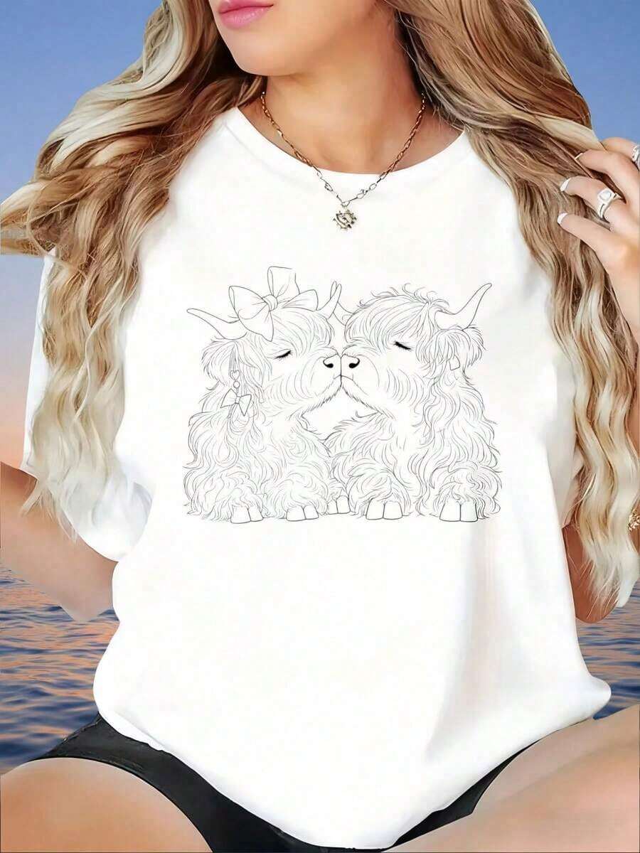 Camiseta Blanca Casual para Mujer con Estampado de Perros Shih Tzu Besándose, Corte Holgado de Verano - Blanco - Ver 1