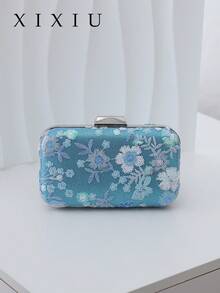 Bolsos de mano y bolsos de noche para mujer, bolso de embrague de cáscara dura con bordado floral y patrón de lentejuelas, tela de satén con cierre de marco de metal, bolso elegante y compacto de estilo vintage para mujeres para bodas, fiestas y eventos formales - Azul - Ver 1