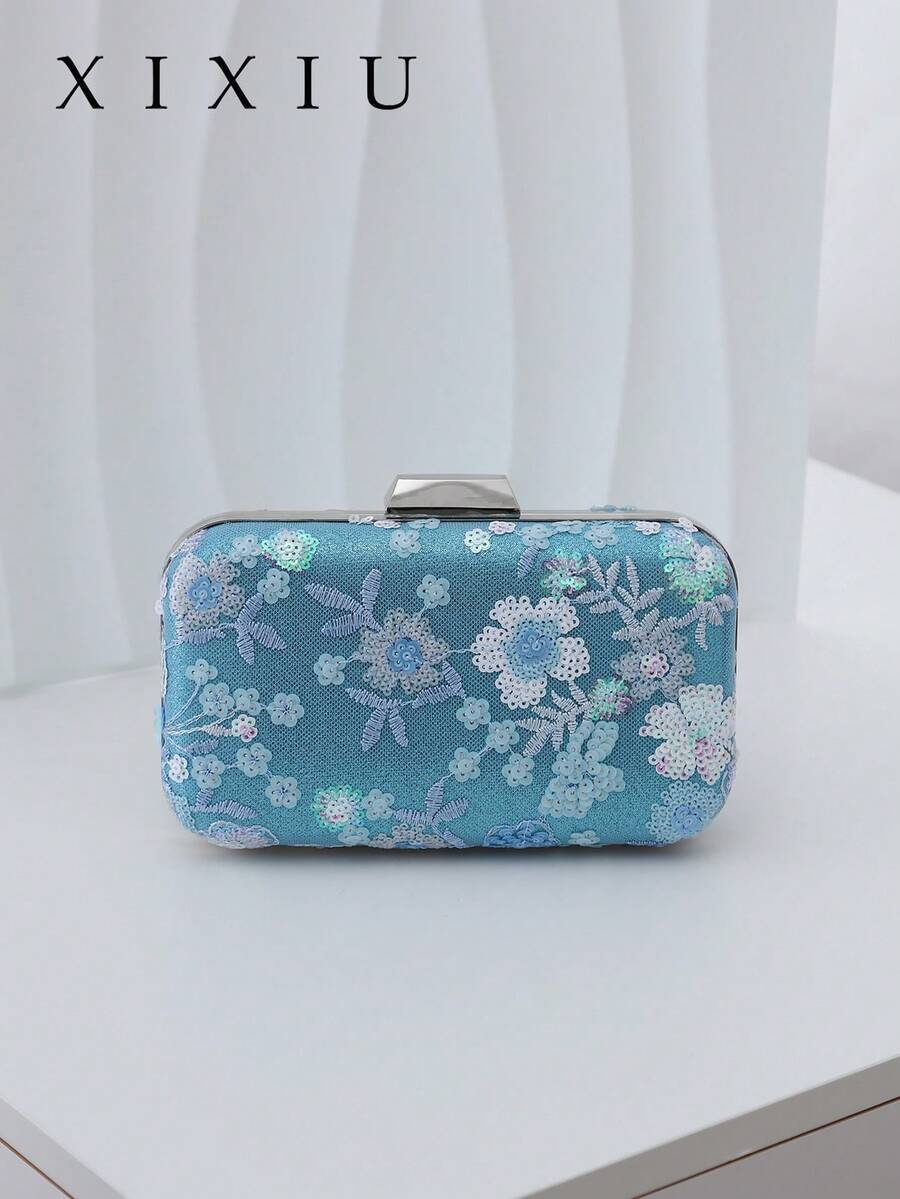 Bolsos de mano y bolsos de noche para mujer, bolso de embrague de cáscara dura con bordado floral y patrón de lentejuelas, tela de satén con cierre de marco de metal, bolso elegante y compacto de estilo vintage para mujeres para bodas, fiestas y eventos formales - Azul - Ver 1