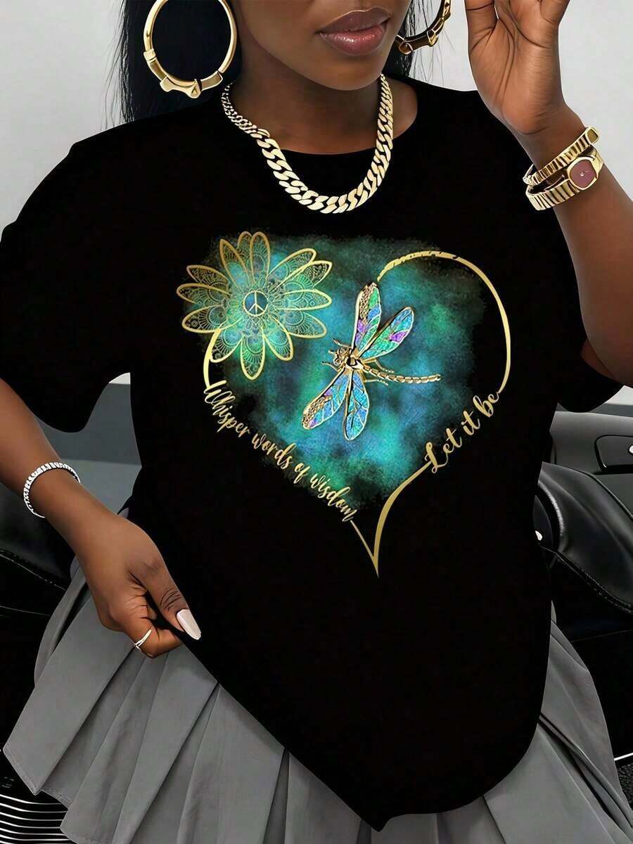 Camiseta Blanca con Diseño de Libélula y Flor, Símbolo de la Paz, Gráfico de Corazón, Frase "Let It Be", Estilo Boho, Top Casual para Mujer, Ropa de Verano, Camiseta de Moda, 100% Algodón - Negro - Ver 1