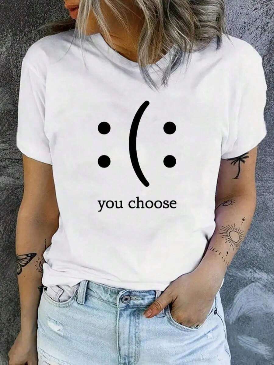Women's Casual T-Shirt - Choice Of Graphic Design With Face And Dots, Lightweight, Machine Washable, Comfortable Fit For All Seasons, Short Sleeve, Crew Neck, Everyday Wear T-Shirt, Comfortable Clothing, Fun Design T-Shirt, Machine Washable Fabric, 100% Cotton, Durable - 白色 - 查看 1