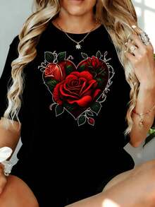 Women's Casual T-Shirt With Heart And Rose Print, Loose Fit, Short Sleeve, Graphic Design, 220g, For Leisure, Home, Outdoors, Valentine's Day Gift, 100% Cotton, Durable - 黑色 - 查看 7