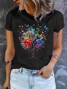 Camiseta de manga corta para mujer, cuello redondo, holgada, casual y versátil, nuevo estampado de mariposas y árboles, ideal como capa base, tejido suave con buena caída - Negro 1 - Ver 7