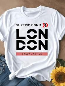 Camiseta de mujer casual activa con estampado gráfico de Londres, opciones de color y blanco, diseño de texto DNM superior, estilo de moda urbana, ajuste holgado, camiseta de manga corta para uso diario, viajes, atuendos urbanos, look casual de verano, camisetas de moda, tops de verano, camisetas gráficas, atuendos de verano para mujeres, camisetas gráficas, tops cortos para mujeres, tops para mujeres vintage de algodón, ropa linda para mujeres, atuendo de Navidad para mujeres, vestidos elegantes de mujerSuitable for spring, summer and autumn - Blanco - Ver 2
