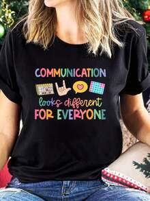 1 Piece Unisex T-Shirt With Inspirational Quote, Black T-Shirt, Graphic Communication Print, Casual Loose Fit, Short Sleeve T-Shirt With Colorful Letters And Icons Design, 180g 100% Cotton. - 黑色 - 查看 8