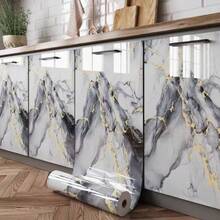 1 Roll Gold & Blue Marble Pattern Waterproof Removable Wallpaper, Glossy Marble Texture, Suitable For Kitchen, Bathroom, Table, Can Be Used As Sticker, Vinyl Decal, Home Decor, Spring Decoration, Refresh Your Home, Holiday Decor, Birthday/Graduation Gift, Wallpaper, Wall Decor, Room Decoration - Blue - View 3