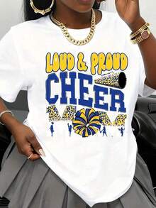 Camiseta de talla grande "Loud And Proud Cheer Mom" con estampado de leopardo en negro, amarillo y azul, con siluetas de animadoras y pompones para eventos de animación y días de juego. - Blanco - Ver 6