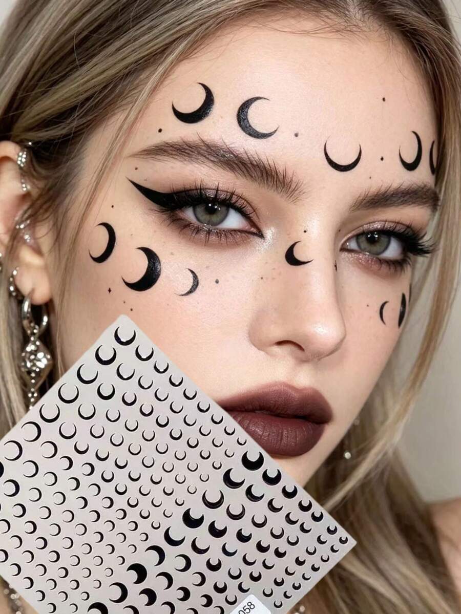 1pc Cool Black Moon Face Sticker, Self-Adhesive Waterproof Long-Lasting, Party Subculture Makeup Decor Sticker, Dark Gothic Crescent Moon Face Decoration Sticker, Suitable For Gothic Halloween Makeup - Multicolor - View 1