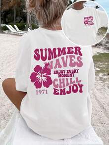 Camiseta Casual para Mujer, Estilo Nuevo Primavera/Verano 2026, Diseño Simple y Único con Estampado Floral y Letras Sencillas - Blanco - Ver 6