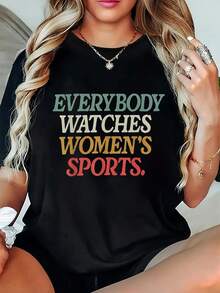 Plus Size Women's Round Neck T-Shirt, Loose Short Sleeve Shirt With  Sporty Print, Casual T-Shirt With Unique Design, Women's T-Shirts. - 黑色 - 查看 1