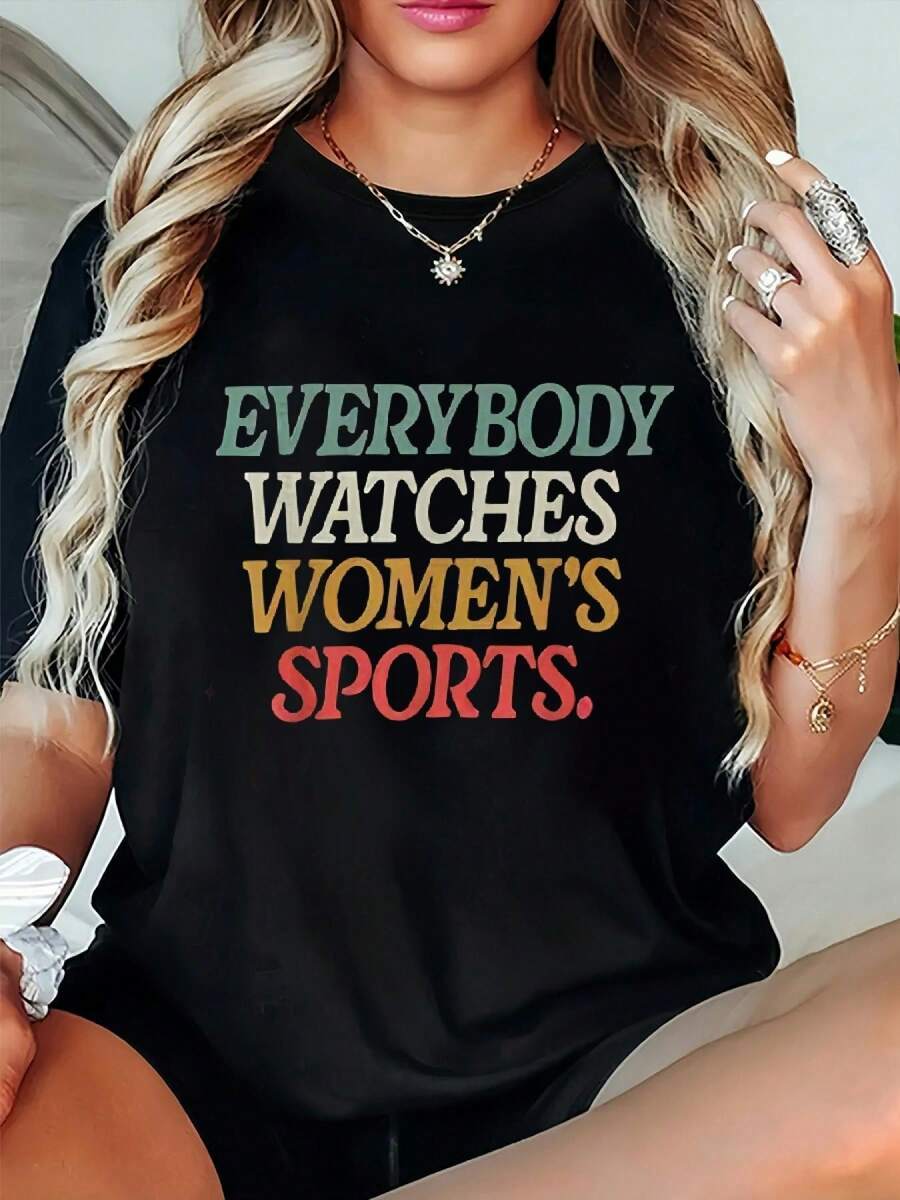 Plus Size Women's Round Neck T-Shirt, Loose Short Sleeve Shirt With Sporty Print, Casual T-Shirt With Unique Design, Women's T-Shirts. - 黑色 - 查看 1