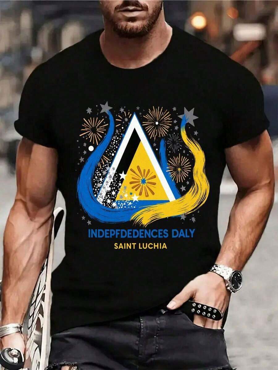 Men's T-Shirt For Saint Lucia Independence Day - National Flag Fireworks Print And Triangle Star, Short Sleeve, Crew Neck, Casual Style For All Seasons, Machine Washable, Ideal For Parades, Cultural Events And Casual Wear. - 黑色 - 查看 1