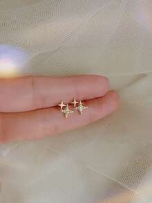 1pair Double Star Shaped Earrings Inlaid With Cubic Zirconia 18k Gold Plated For Women, Perfect Choice For Proposal, Engagement Party Gift - Gold - View 9