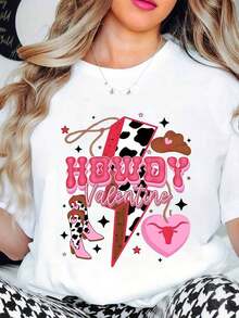 Women's Clothing Women's T-Shirt With "Howdy Valentine" Cowgirl Print, Pink Cow, Heart And Boots Design, Perfect For Valentine's Day And Western Themed Parties, Women's Shirts - 白色 - 查看 6