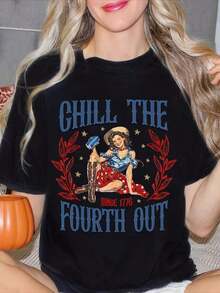 Women's Casual Style Short-Sleeved Crew Neck T-Shirt, Vintage Patriotic Pin-Up Girl Design With Beer And Boots, Excellent Gift Idea, Plus Size T-Shirt For Women, Perfect For Christmas Parties Or As A Gift, Soft And Comfortable. - 黑色 - 查看 1