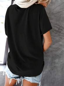Camiseta con estampado de cabeza de vaca, top casual de manga corta y cuello redondo para verano y primavera, ropa de mujer. - Negro - Ver 2