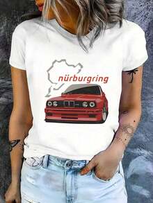 Women's Short-Sleeved, Slim-Fit, Casual Printed Cotton T-Shirt Featuring A Striking Nürburgring Race Car Print. Soft And Comfortable, Perfect For Everyday Wear And A Versatile Garment. . - 白色 - 查看 1