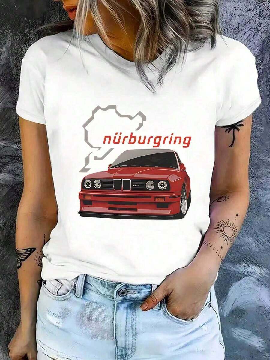 Women's Short-Sleeved, Slim-Fit, Casual Printed Cotton T-Shirt Featuring A Striking Nürburgring Race Car Print. Soft And Comfortable, Perfect For Everyday Wear And A Versatile Garment. . - 白色 - 查看 1