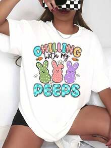 Happy Easter Bunny T-Shirt. Women's Summer Black Short Sleeve T-Shirt, Casual And Breathable Easter T-Shirt. Classic Black Crew Neck Easter T-Shirt For Women. Perfect As A Gift. Suitable For Home/Outdoors/Travel. - 白色 - 查看 6