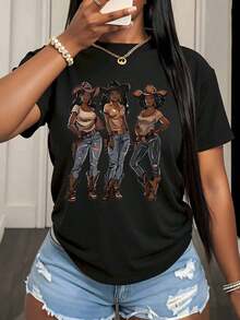 Camiseta Gráfica Estilo Western para Mujer con Diseño de Tres Mujeres con Sombreros y Botas de Vaquera, Top Casual de Moda para Mujer, Ropa de Verano para Festivales de Música Country, 220g - Estilo Vintage Urbano Unisex, Camiseta de Manga Corta de Algodón Suelto con Cuello Redondo, 100% Algodón - Negro - Ver 3