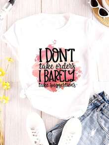 Korean Fashion WomenPlus Size Slogan Print T-Shirt, Casual Short Sleeve Top For Spring & Summer, Women's Plus Size ClothingLoose And Comfortabledazy Clothes Women Summer Tops For Women - 白色 - 查看 2