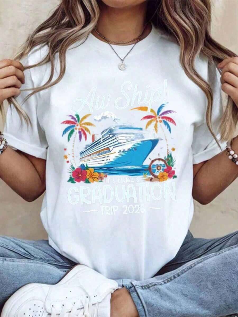 2023 Graduation Travel T-Shirt For Graduates, Summer Holiday Celebration T-Shirt With Boat And Palm Tree Design, 220g - Vintage Urban Style, Unisex Short Sleeve Crew Neck T-Shirt Made Of 100% Pure Cotton - 白色 - 查看 1