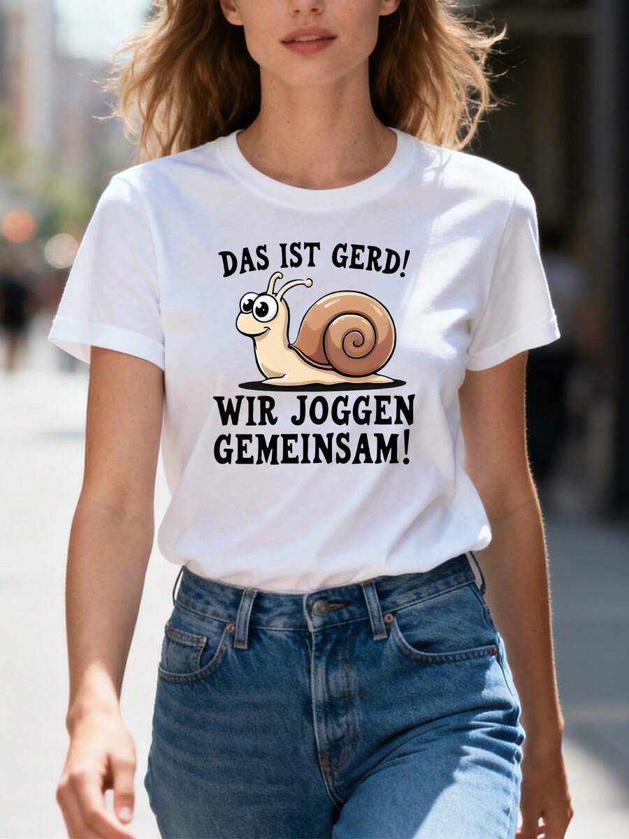 Women's T-Shirt With "DAS IST GERD" Text Print - Casual Short-Sleeved Round Neck Top With Lettering, Machine-Washable Casual Wear Suitable For All Seasons - White - View 1