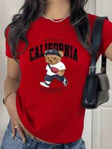 100% Cotton. Teddy Bear With A Cap Symbolizing Freedom And The Joy Of Travel, Showing A Relaxed And Modern Attitude With A California Reference. Women's 100% Cotton T-Shirt, Comfortable And Casual. Women's Simple Solid Color T-Shirt, Loose And Slim Fit Casual Short Sleeve - 紅色的 - 查看 8
