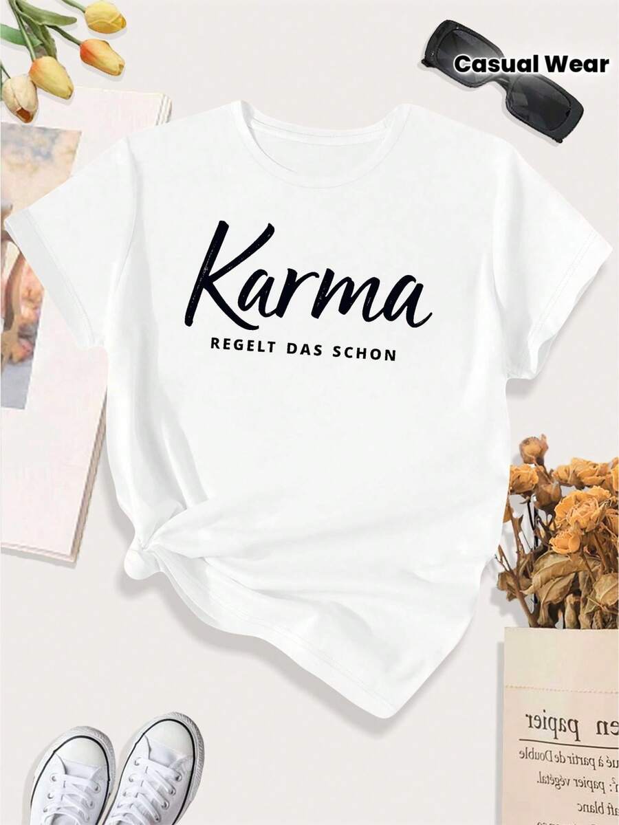Women's Oversized T-Shirt With German Phrase - "For KARMA (Is A German Word)" White Cursive Print And German Text - Casual Crew Neck - Suitable For All Seasons - Fun Top With German Phrase (Plus Size) - Putih - View 1