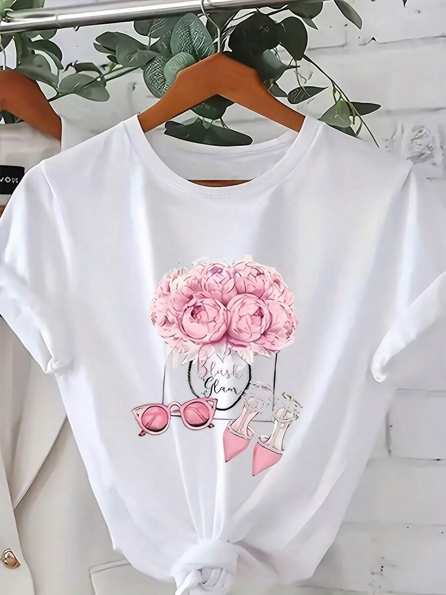 Women's White Casual Sport T-Shirt - Pink Floral Print And High Heel With "Best Mom" Text, Slightly Loose Round Neck, Breathable Medium-Elastic Fabric, Plus Size, Machine Washable For Spring Summer Autumn, Fashionable Women's T-Shirts, Elegant Casual Wear, Non-See-Through Material - 白色 - 查看 1