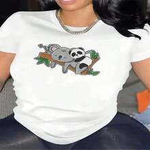 100% Cotton. Short-Sleeved T-Shirt With An Adorable Koala And Panda Print, Perfect For Lounging At Home. It's Durable And Comfortable, Ideal For Your Living Room Or Dining Room, Made From Soft Material. Women's Simple Solid Color T-Shirt, Loose And Slim Fit Casual Short Sleeve - 白色的 - 查看 2