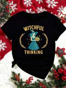100% Cotton Halloween Witch Graphic T-Shirt, 100% Cotton, Crew Neck, Loose Fit, Comfortable, Artistic Print, New! Women's Simple Solid Color T-Shirt, Loose And Slim Fit Casual Short Sleeve - 黑色 - 查看 3