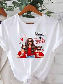 Cartoon Illustration Of A Mother And Her Two Daughters, Printed With A "Mom And Girls" Pattern, Plus Size, Round Neck, Short-Sleeved Women's T-Shirt, Fashionable, Casual, And Comfortable For Spring/Summer. Suitable For Family Gatherings, Everyday Wear, A Gift From Mothers To Their Daughters. - 白色 - 查看 1