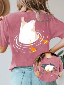Women's Summer Clothes, Reversible T-Shirt With Swimming Ducks Print, Round Neck And Short Sleeves, Comfortable, Soft, Modern, Elegant, Ideal For Parties, Versatile Casual Vintage Style, Spring, Summer, Autumn And Winter Athletic Style Top Available In Sizes S-XXL - 白色 - 查看 6