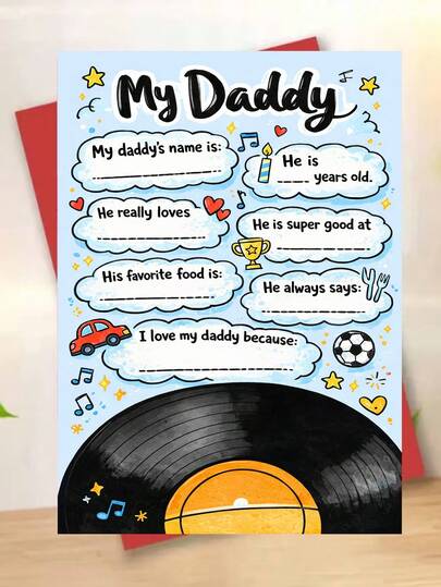 1pc, Music & Basketball "My Daddy" Fill-In Father's Day Card. Includes Envelope, Premium Matte Paper. Vinyl Record & Basketball Illustration & Kid Activity Design. Perfect For Sporty/Musical Dads – The Ideal Cool Card (12cm/4.7in X 17cm/6.7in)
