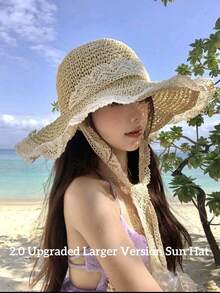 两件套:女士钩针编织单肩包和草编遮阳帽 - 可爱的花卉网纱沙滩包,配有蕾丝边宽檐帽,轻便透气,适合夏季、海滩、旅行和户外活动 - A - 查看 4