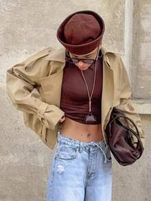 Short Casual Coat 2026, Khaki Jacket With Fitted Waist For Petite Women - Khaki - View 1