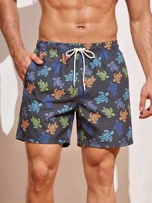 1pc Men's Navy Blue Colorful Sea Turtle Print Beach Shorts, Casual Cartoon Pattern, Drawstring Waist, Washable, Suitable For Swimming Pool, Beach Vacation & Leisure - Blue - View 6