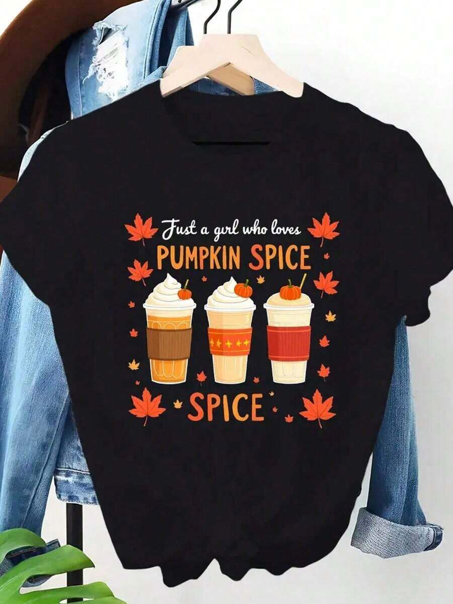 Premium Black T-Shirt For Men, 100% Cotton, Fashionable Short Sleeve T-Shirt, Printed With Halloween Design "Coffee Pumpkin Maple Leaf", Casual Loose Fit, Machine Washable, Urban Print T-Shirt, Casual Wear, Adult T-Shirt, Gift Idea - 黑色 - 查看 1