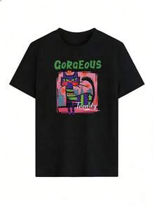 Purple Cat T-Shirt With Art Style And "Gorgeous" Text, Fashionable Short-Sleeve T-Shirt For Spring/Summer 2026, Made In Mexico, 180 Grams. Cartoon Print, Couple Design, Suitable For Indoor Or Outdoor Wear. Crew Neck, Unisex, Ideal For Office And Leisure. One-Pack. - BK-P631577SLNDXZGY612 - 查看 2