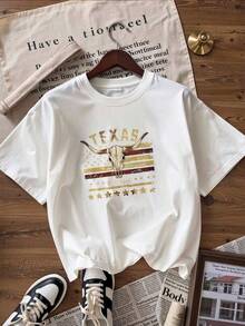 Western And Vintage Style Short Sleeve T-Shirt, Fashionable Short Sleeve T-Shirt For Spring And Summer 2026, Made In Mexico, 180 Grams. Cartoon Print, Couple Design, Suitable For Indoor Or Outdoor Wear. Crew Neck, Unisex, Ideal For Office And Leisure. One-Piece Pack. - WH-P631577SLNDXZGY600 - 查看 3