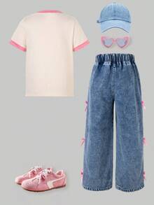 Young Girl Contrast Cuff Short Sleeve Top And Bow Denim Pants - Apricot - View 2