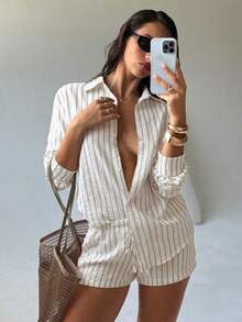 Conjunto de blusa de gasa a rayas y shorts para mujer, outfit casual y versátil para vacaciones - Multicolor - Ver 9