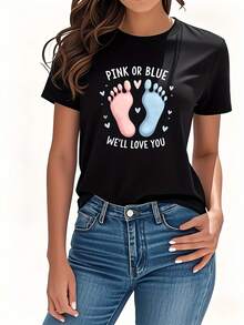Women's T-Shirt With Baby Footprint Print In Pink Or Blue, Short Sleeves And Round Neck, Unique And Fashionable Women's Clothing, Versatile, Elegant And Comfortable, Suitable For Casual Daily Wear, Outings, Parties And As A Birthday Gift. - 黑色 - 查看 1