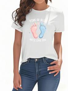 Women's T-Shirt With Baby Footprint Print In Pink Or Blue, Short Sleeves And Round Neck, Unique And Fashionable Women's Clothing, Versatile, Elegant And Comfortable, Suitable For Casual Daily Wear, Outings, Parties And As A Birthday Gift. - 白色 - 查看 1