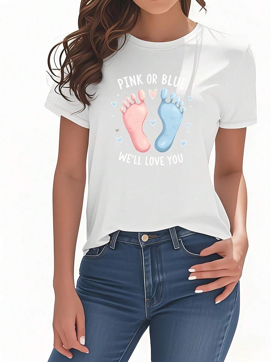Women's T-Shirt With Baby Footprint Print In Pink Or Blue, Short Sleeves And Round Neck, Unique And Fashionable Women's Clothing, Versatile, Elegant And Comfortable, Suitable For Casual Daily Wear, Outings, Parties And As A Birthday Gift. - 白色 - 查看 1