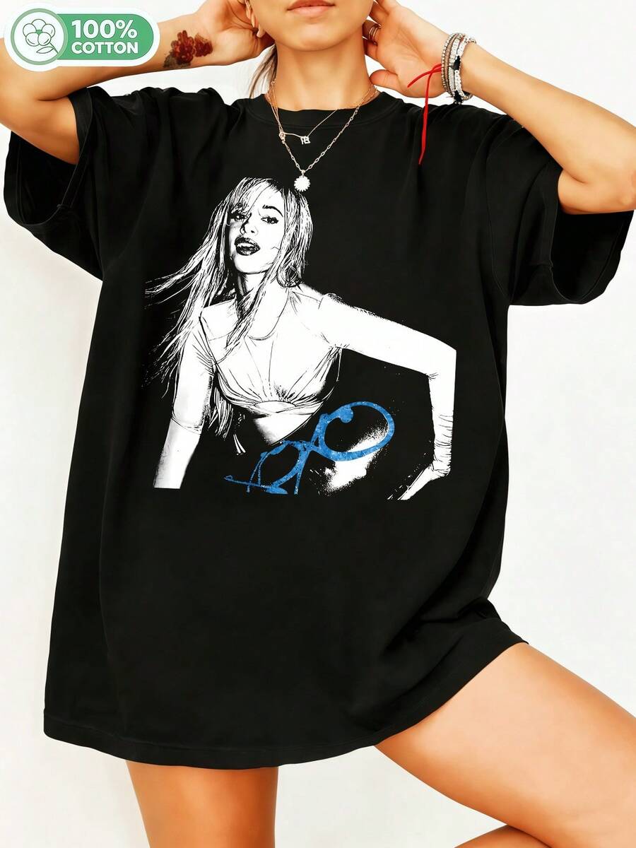 Popp Singer Black And White Sketch Art Signature Graphic 100% Cotton Oversized T-Shirt Y2K Streetwear Aesthetic Unisex T-Shirt For Men Women Music Fans Casual Top. - Black - View 1